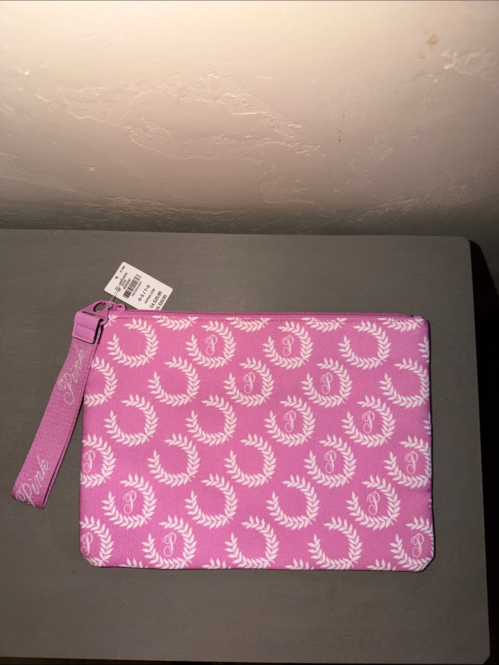 PINK Victoria's Secret Pink Wristlet Pouch with White Laurel Print